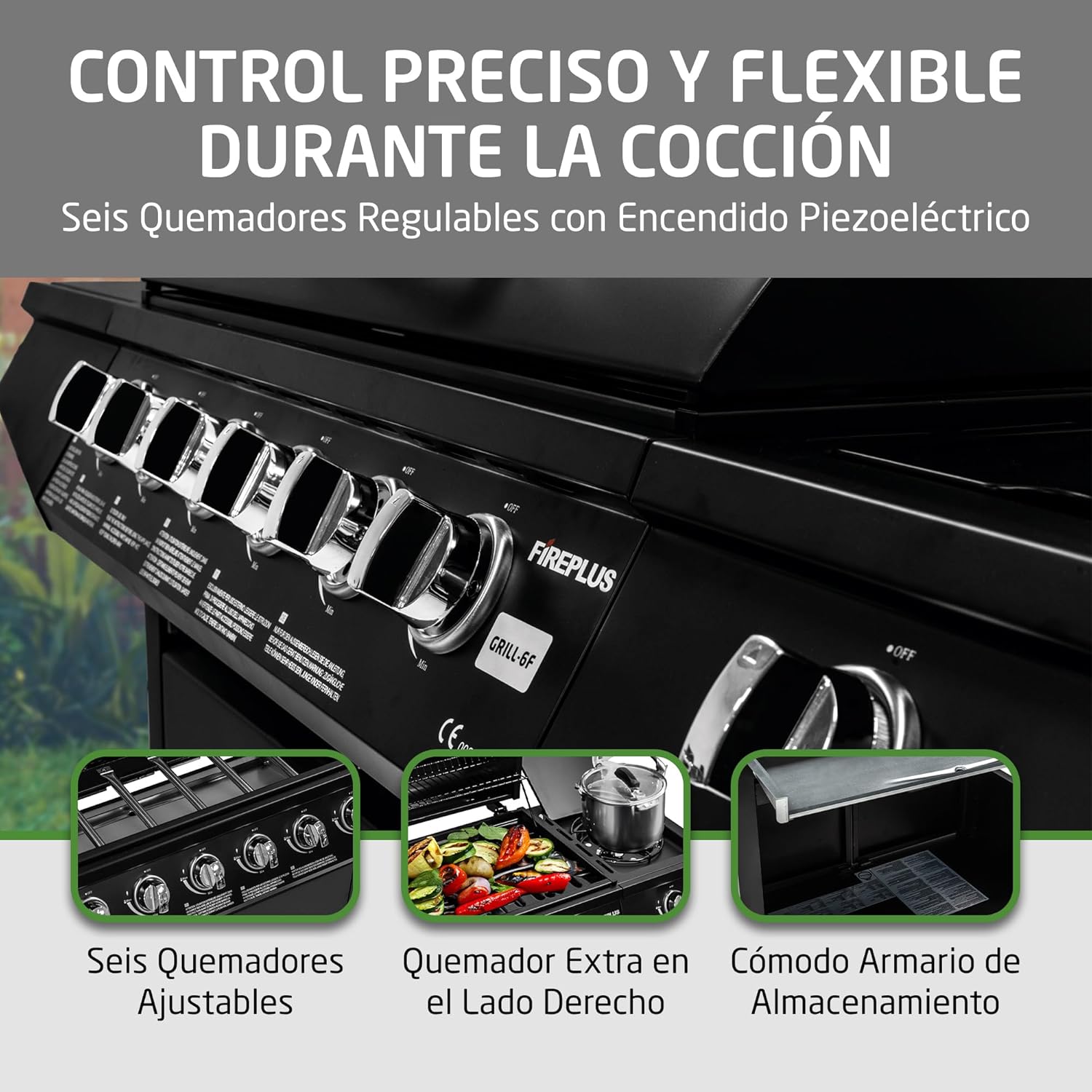 2026 Barbacoa de gas Fireplus 6+1 de 12,9 kW - Acero inoxidable Negro - Parrilla con ruedas Modelo GRILL-6F - Barbacoa XXL con carro y termómetro - 138x52x103 cm - 7 quemadores y Bandeja lateral