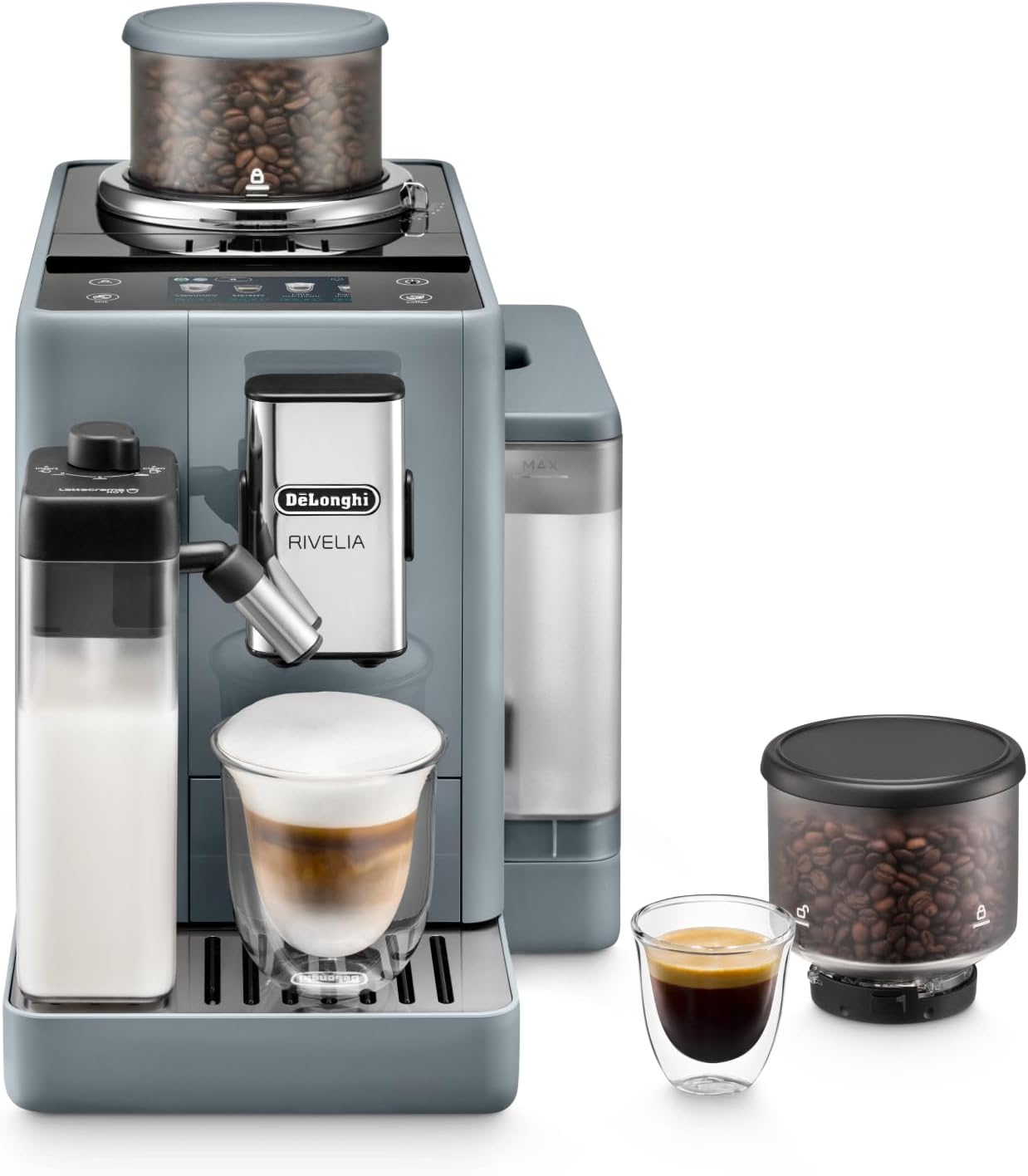 2026 De'Longhi Rivelia EXAM440.55.G, Cafetera Superautomática con LatteCrema Hot, Espumador de Leche Automático, Tamaño Compacto, 16 Recetas, Pantalla Táctil a Color, Gris