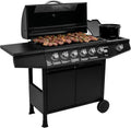 2026 Barbacoa de gas Fireplus 6+1 de 12,9 kW - Acero inoxidable Negro - Parrilla con ruedas Modelo GRILL-6F - Barbacoa XXL con carro y termómetro - 138x52x103 cm - 7 quemadores y Bandeja lateral