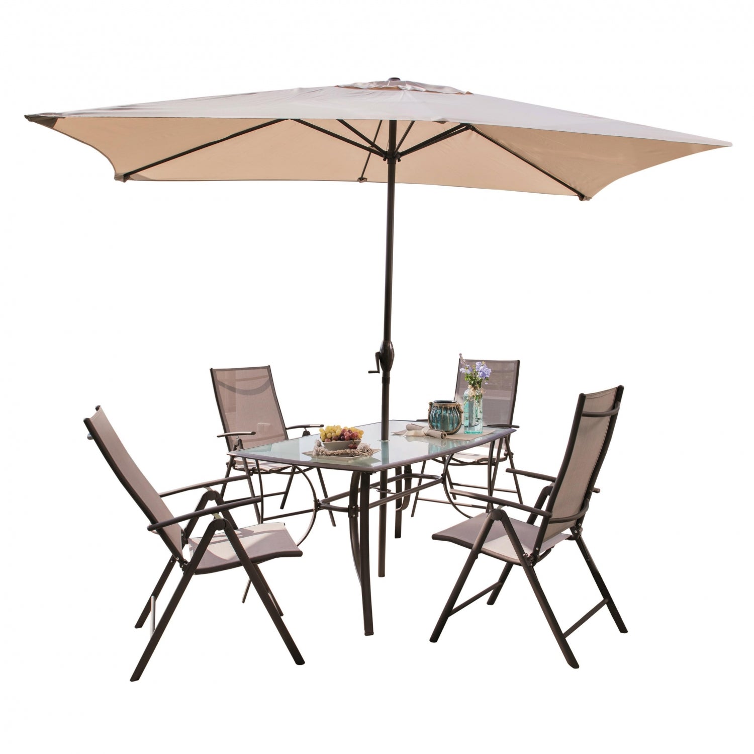 2026 Conjunto de Jardín de Acero Mesa + 4 Sillones + 1 Parasol, Málaga