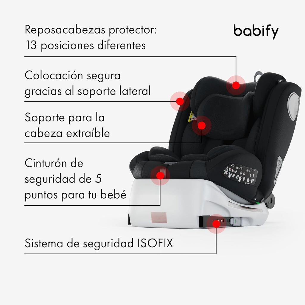 2026 Babify Onboard Silla de Coche Isofix para Bebés y Niños, 0 Meses - 12 Años, Apta Desde 40-150 cm, Ajustable 360º, Asiento Portátil y Seguro i-Size ECE R129 - Black edition