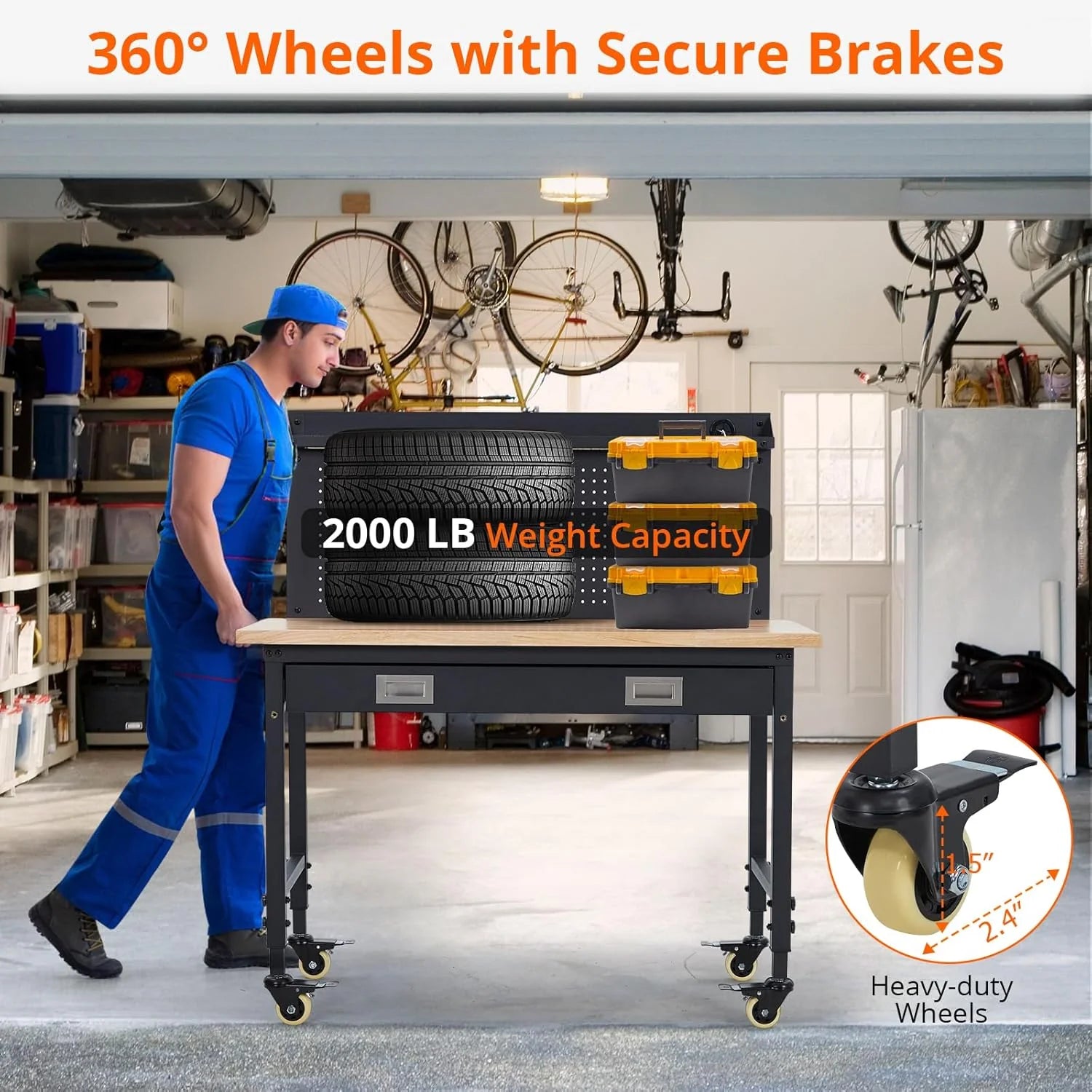 2026 Nuevo banco de trabajo para garaje 48 x 24 pulgadas mesa de trabajo resistente con cajón panel trasero capacidad 2000 lb madera de caucho con enchufes y ganchos