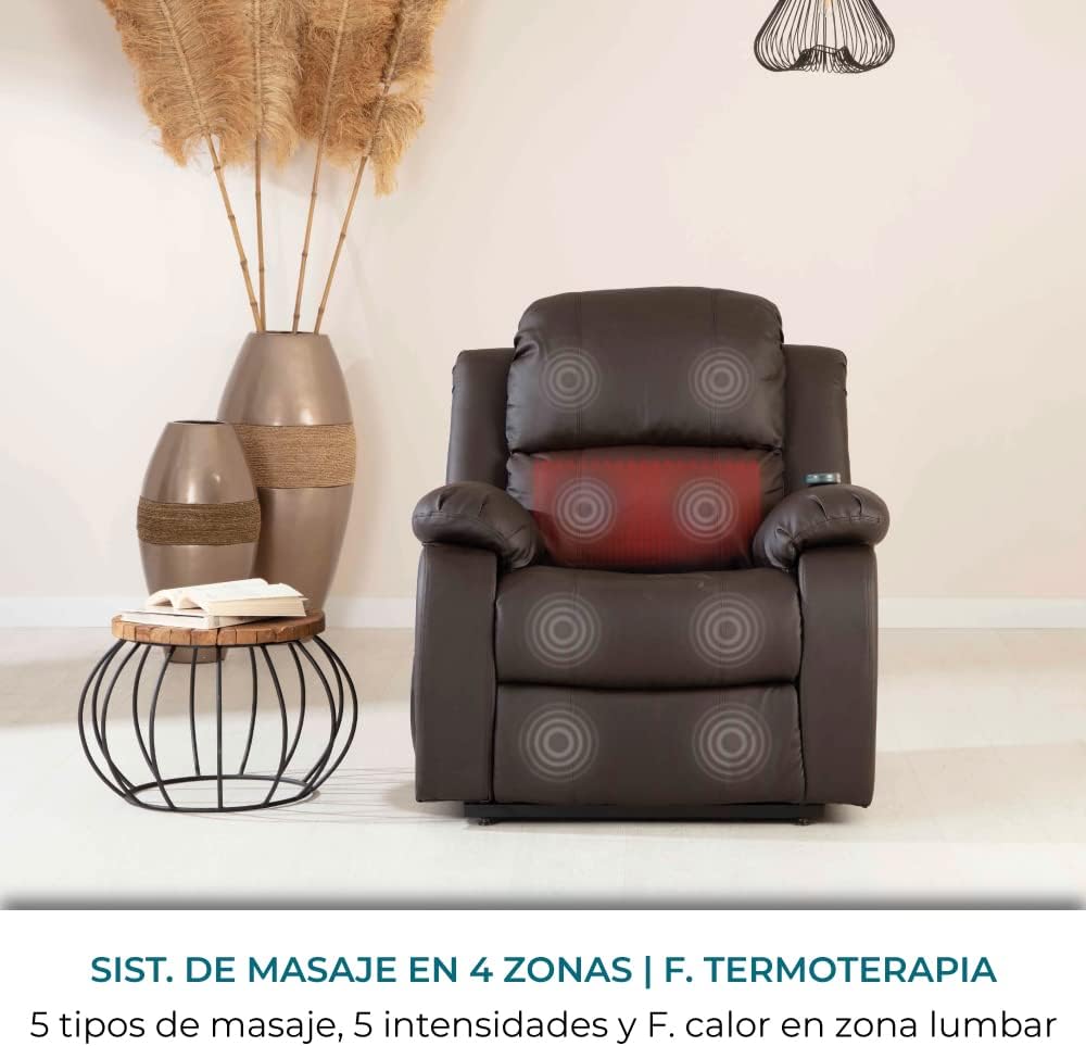 2026 Don Descanso - Sillón Masaje Relax Calor Trevi Negro Reclinable 160º con 8 Motores Silenciosos, Calor Lumbar, Sist. Masaje 4 Zonas y Acabado en PU Anti-Cuarteo [Incluye Mando]. Ideal Gente Mayor