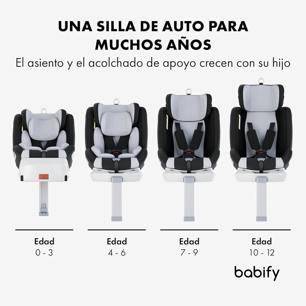 2026 Babify Onboard Silla de Coche Isofix para Bebés y Niños, 0 Meses - 12 Años, Apta Desde 40-150 cm, Ajustable 360º, Asiento Portátil y Seguro i-Size ECE R129 - Black edition