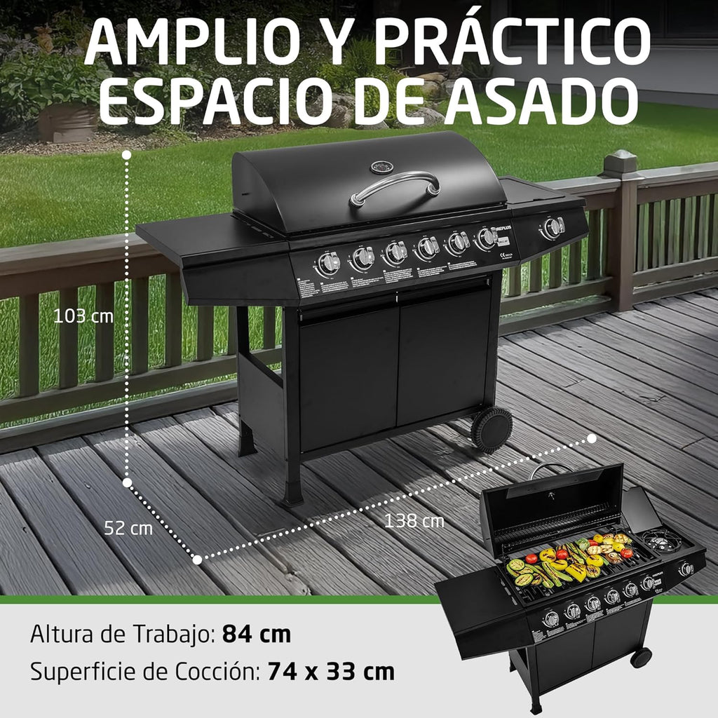 2026 Barbacoa de gas Fireplus 6+1 de 12,9 kW - Acero inoxidable Negro - Parrilla con ruedas Modelo GRILL-6F - Barbacoa XXL con carro y termómetro - 138x52x103 cm - 7 quemadores y Bandeja lateral