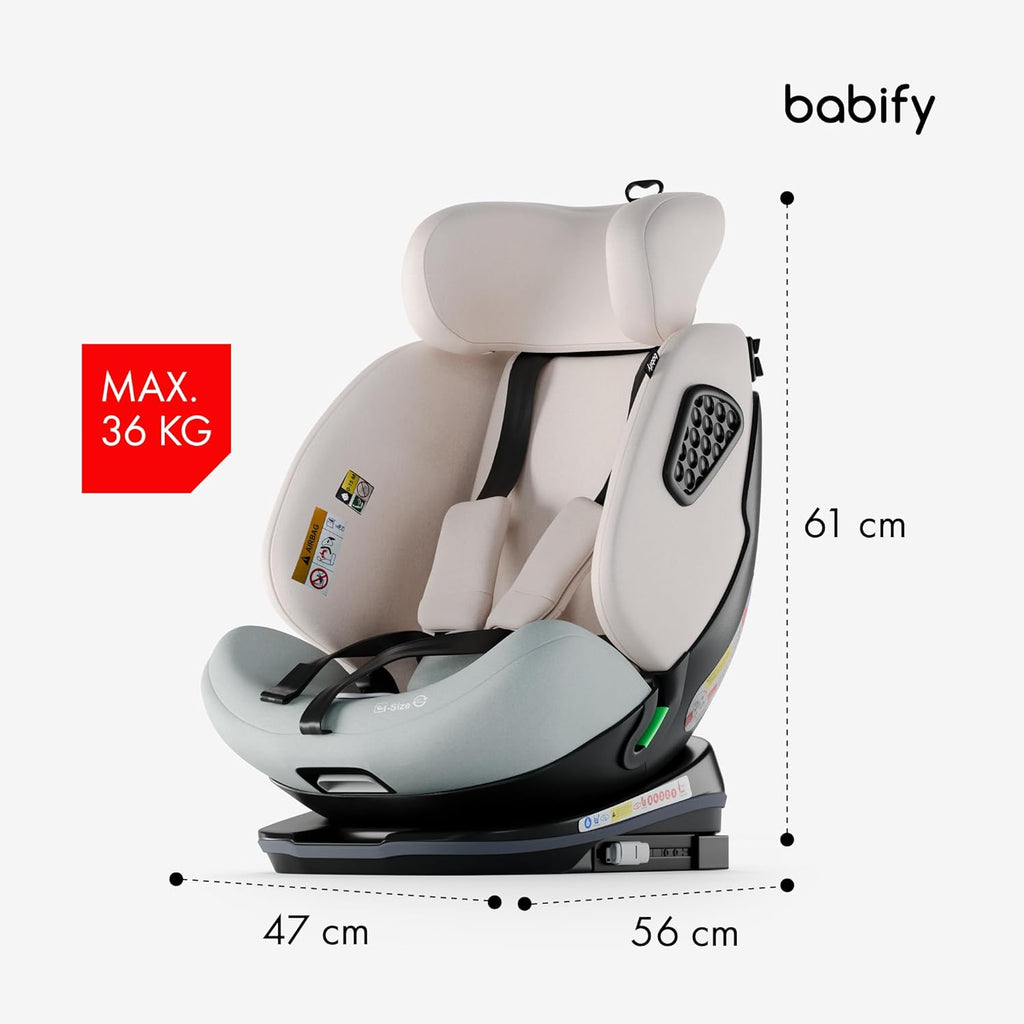 2026 Babify Onboard Silla de Coche Isofix para Bebés y Niños, 0 Meses - 12 Años, Apta Desde 40-150 cm, Ajustable 360º, Asiento Portátil y Seguro i-Size ECE R129 - Black edition