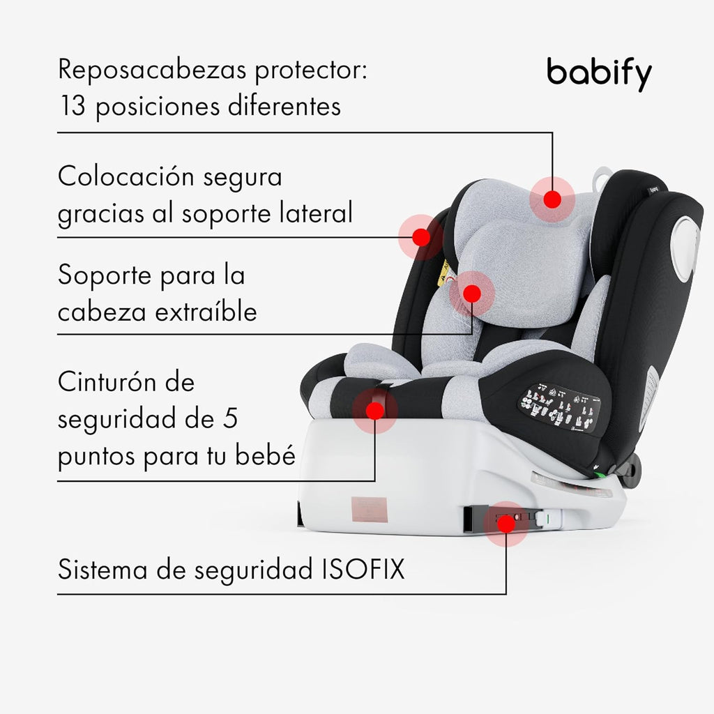 2026 Babify Onboard Silla de Coche Isofix para Bebés y Niños, 0 Meses - 12 Años, Apta Desde 40-150 cm, Ajustable 360º, Asiento Portátil y Seguro i-Size ECE R129 - Black edition