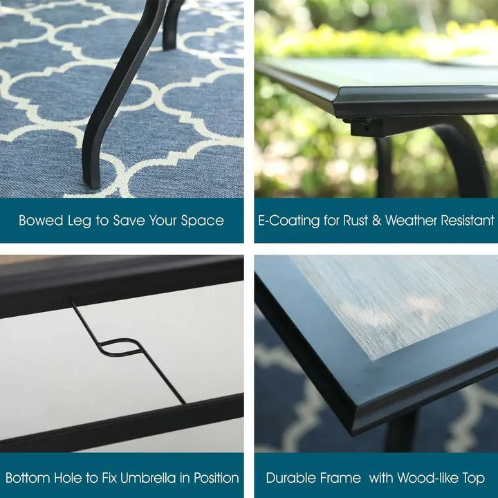 2026 Nuevo conjunto de comedor de patio de 8 piezas con sombrilla, muebles de exterior con 6 sillas giratorias tipo sling
