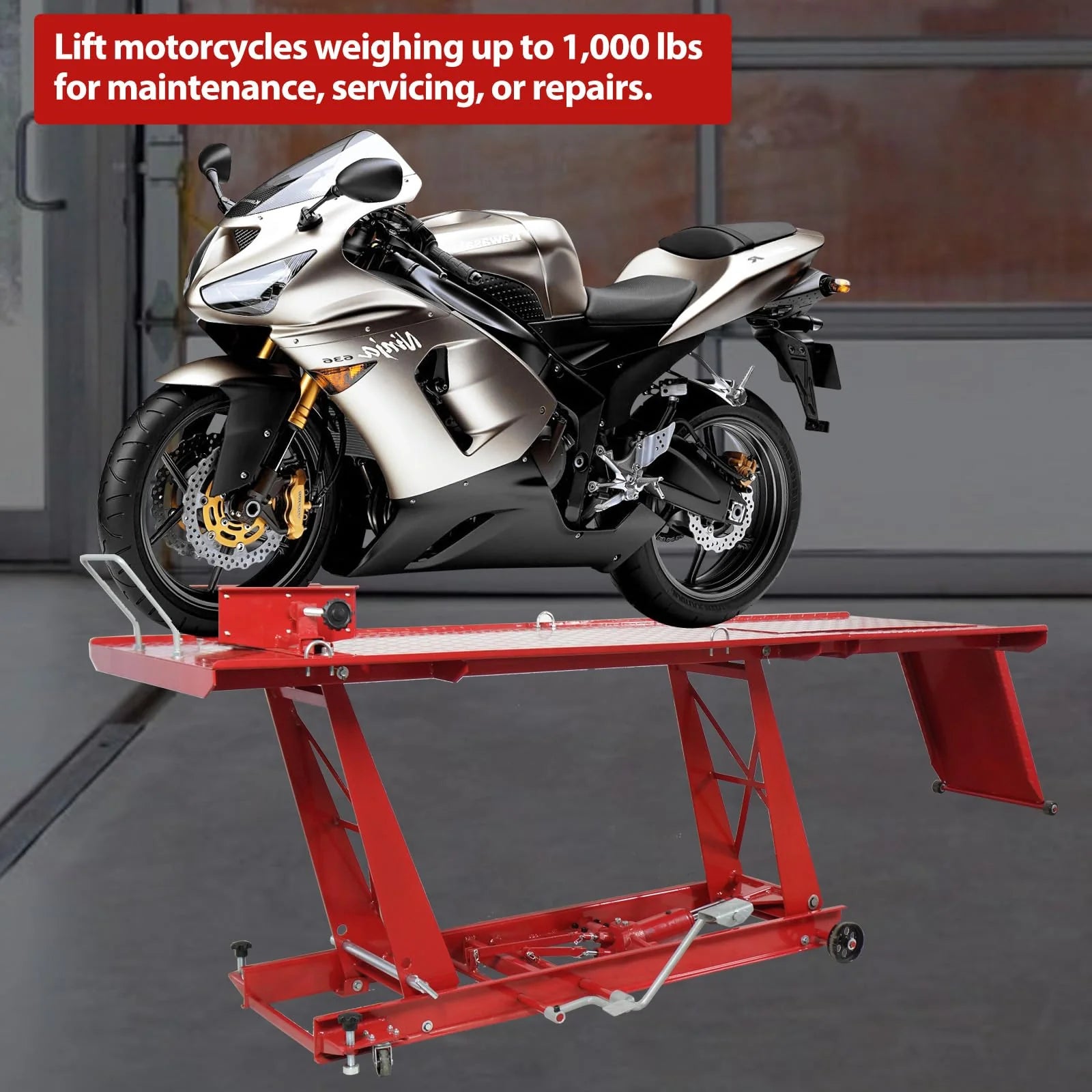 2026 Nuevo elevador hidráulico para motocicleta capacidad 1000 lb tipo mesa elevadora con rampa para talleres y uso doméstico