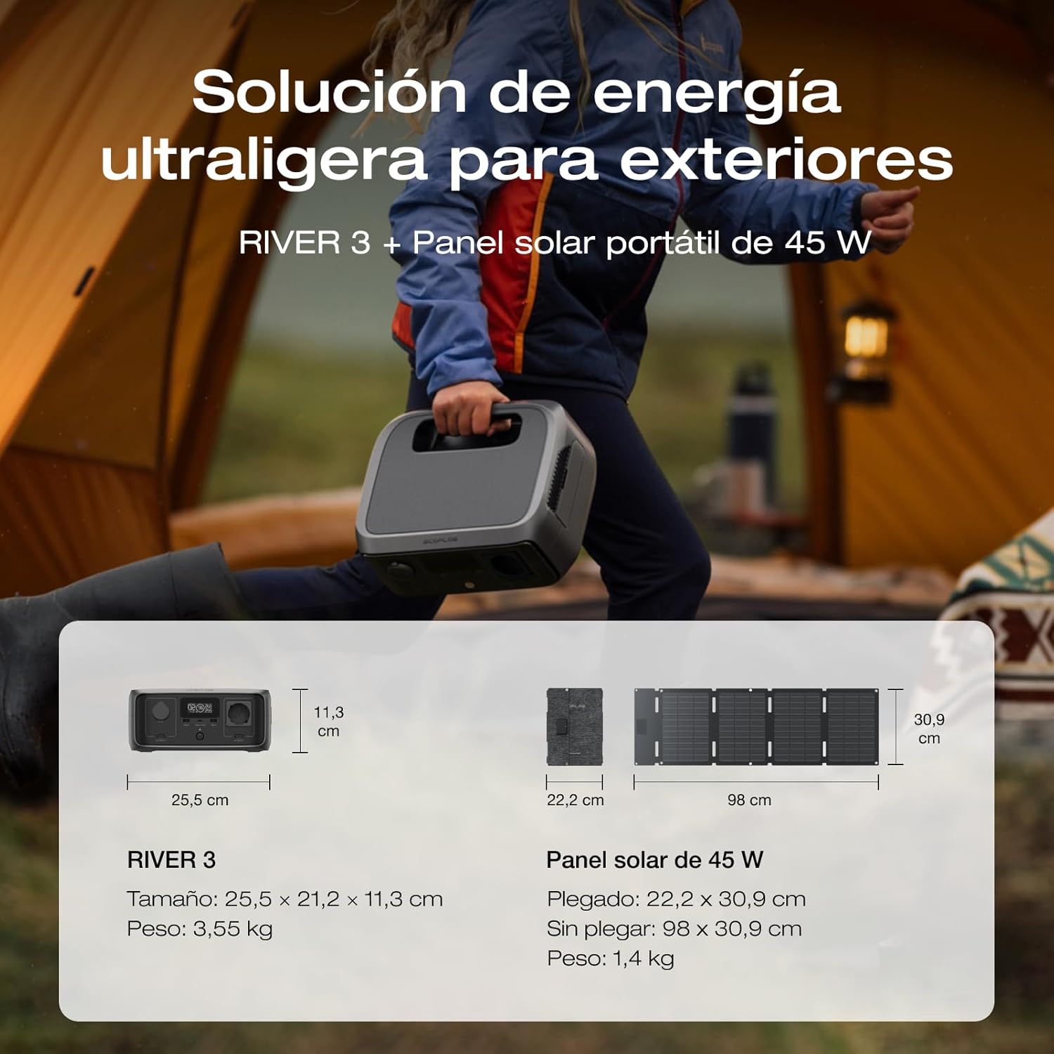 2026 Estación de energía portátil EF EcoFlow RIVER 3 con panel solar 45 W, batería LFP 245 Wh, salida 600 W, eficiencia con GaN que duplica la duración, SAI en