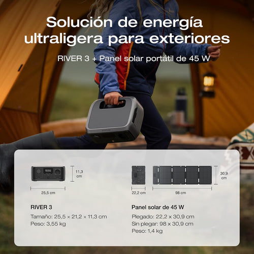 2026 Estación de energía portátil EF EcoFlow RIVER 3 con panel solar 45 W, batería LFP 245 Wh, salida 600 W, eficiencia con GaN que duplica la duración, SAI en