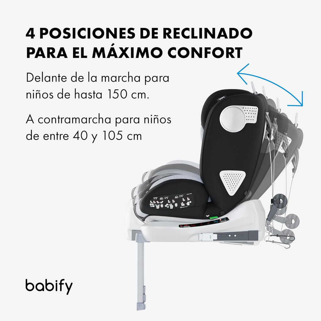 2026 Babify Onboard Silla de Coche Isofix para Bebés y Niños, 0 Meses - 12 Años, Apta Desde 40-150 cm, Ajustable 360º, Asiento Portátil y Seguro i-Size ECE R129 - Black edition