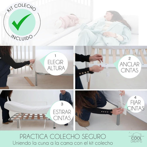 2026 Cuna Colecho de Bebe, Kit para Unir la Cuna con la Cama, Colchón HR Morfeo Certificado Oeko-Tex® y CertiPUR, 4 Ruedas, Sábana Bajera y Encimera de Algodón Natural. Indi CoolDreams CoolDreams