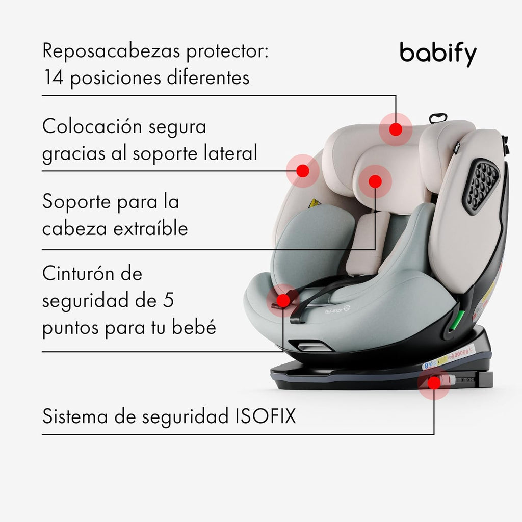 2026 Babify Onboard Silla de Coche Isofix para Bebés y Niños, 0 Meses - 12 Años, Apta Desde 40-150 cm, Ajustable 360º, Asiento Portátil y Seguro i-Size ECE R129 - Black edition