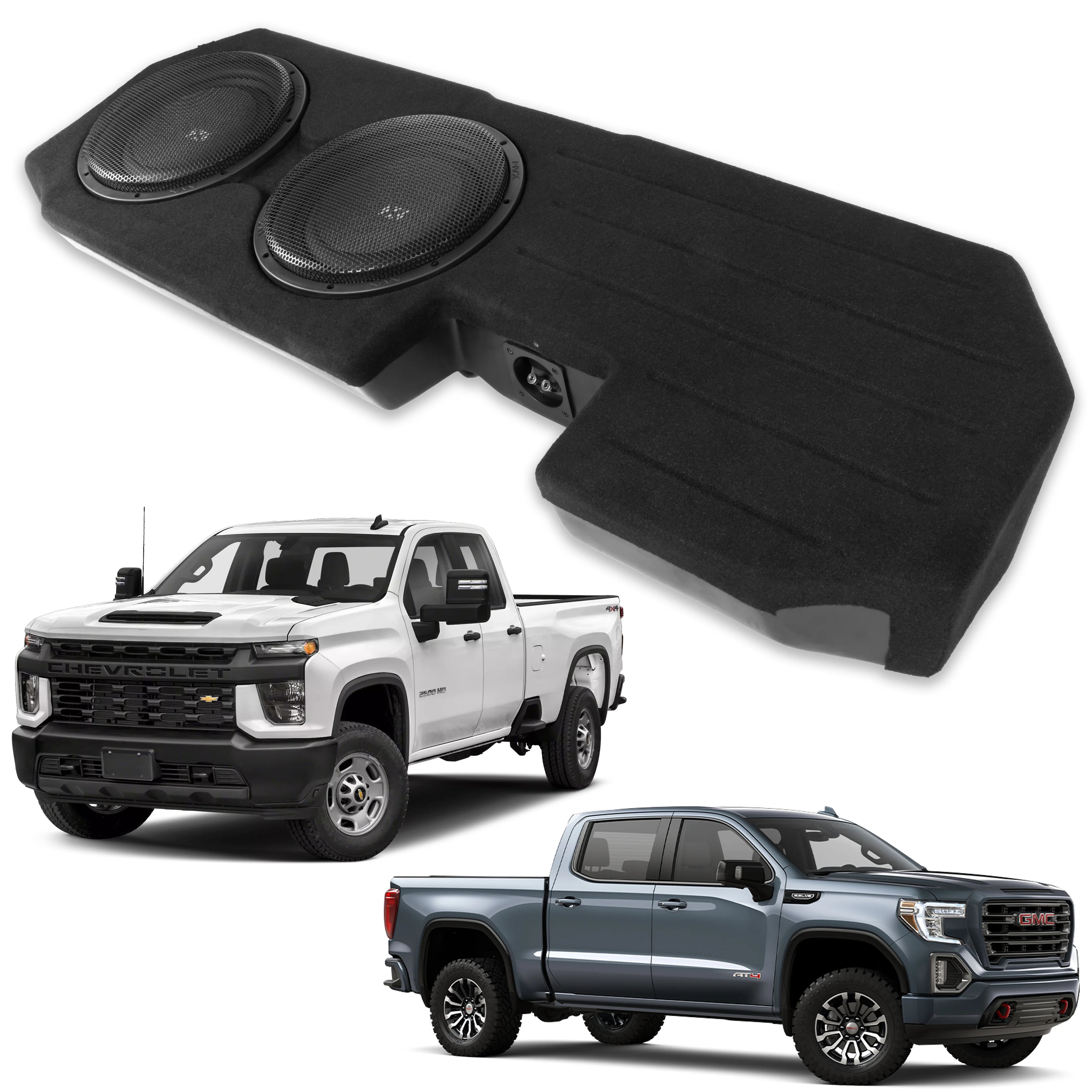 2026 Nuevo 2019 en adelante Chevrolet Silverado y GMC Sierra Crew Cab Trucks Caja de subwoofer doble de 12 pulgadas 800W RMS cargada personalizada BE GM SLVDC G4