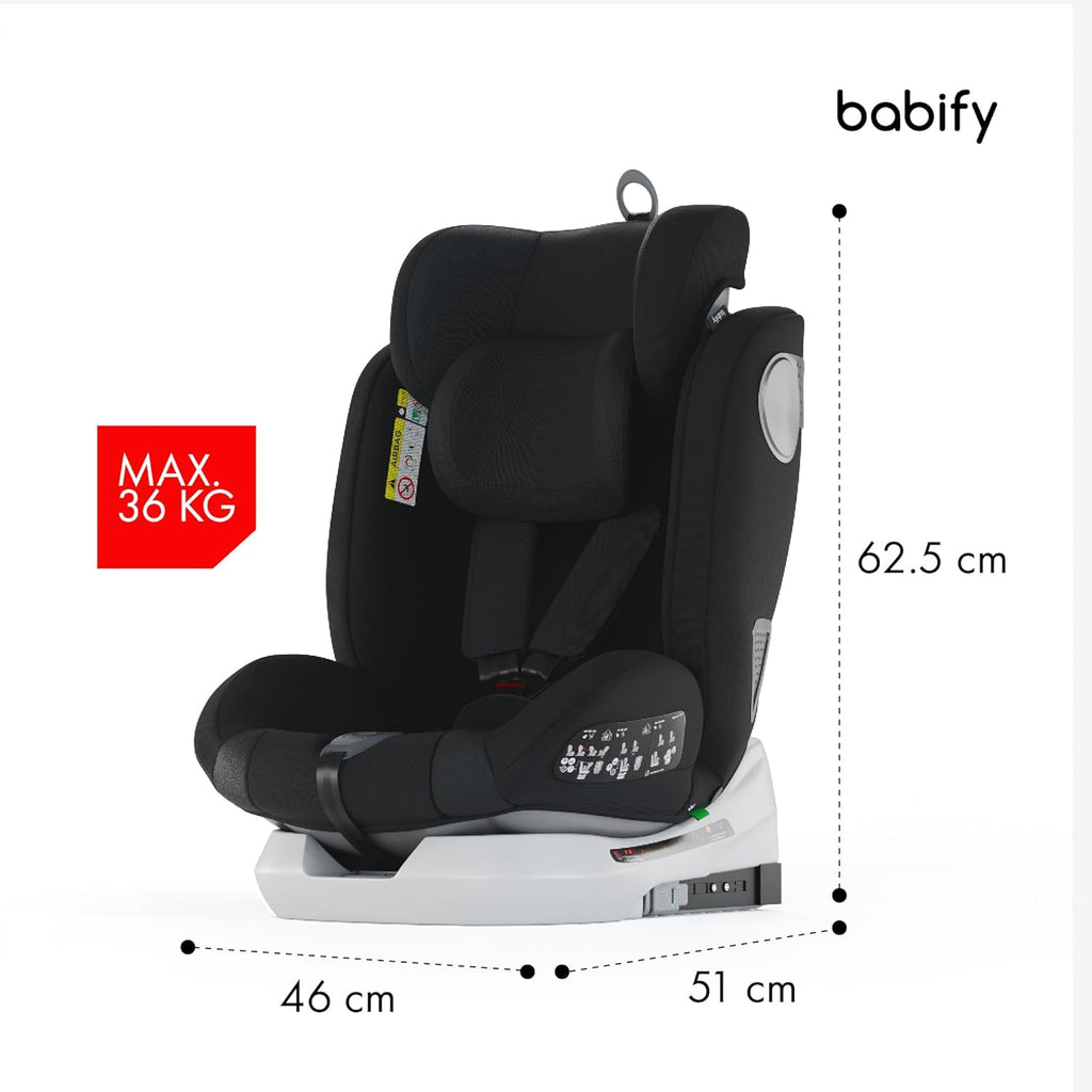 2026 Babify Onboard Silla de Coche Isofix para Bebés y Niños, 0 Meses - 12 Años, Apta Desde 40-150 cm, Ajustable 360º, Asiento Portátil y Seguro i-Size ECE R129 - Black edition