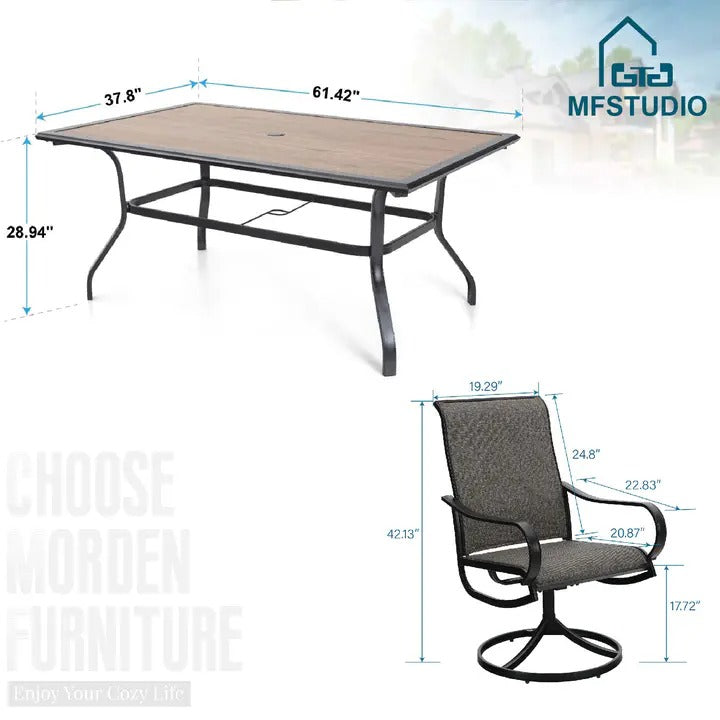 2026 Nuevo conjunto de comedor de patio de 8 piezas con sombrilla, muebles de exterior con 6 sillas giratorias tipo sling