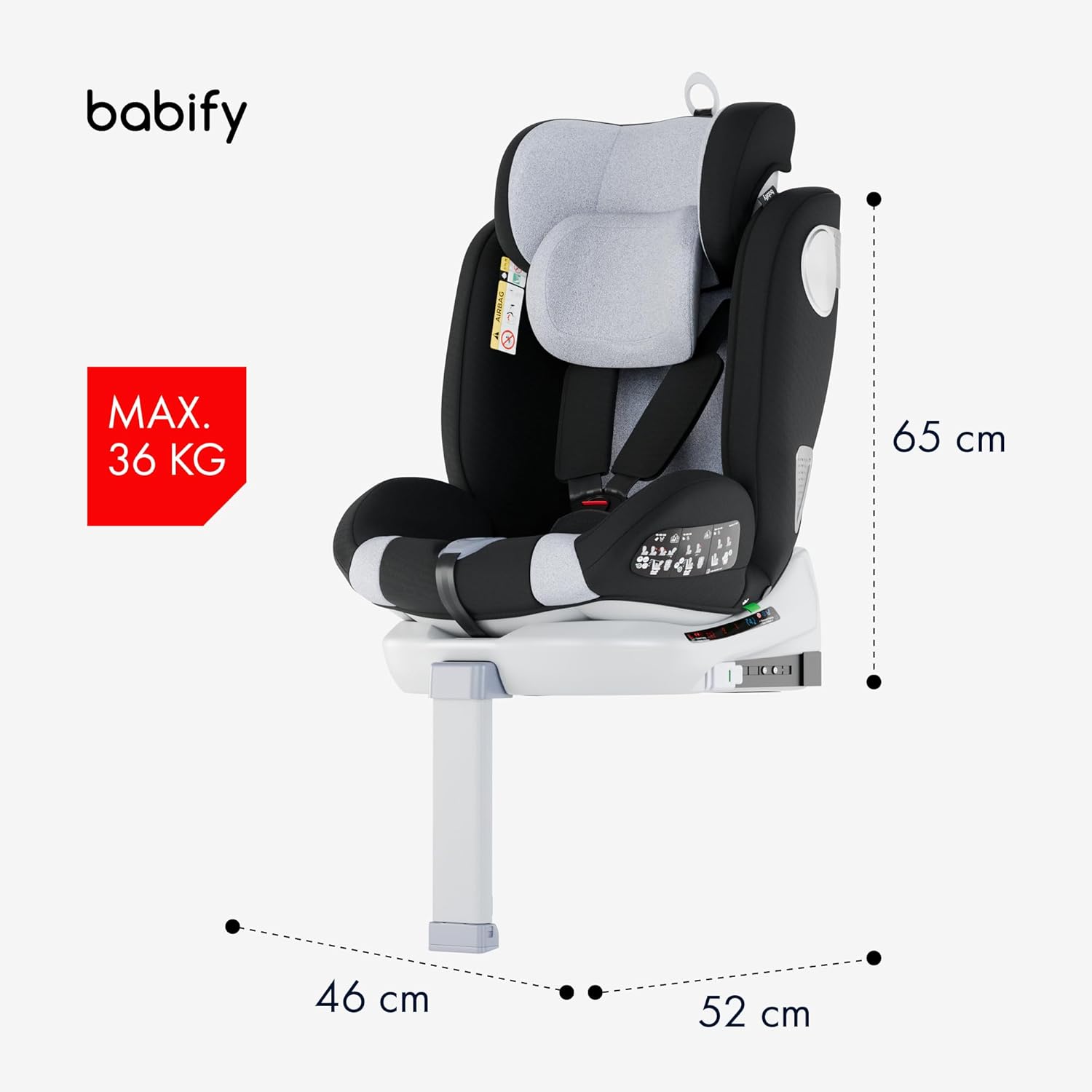 2026 Babify Onboard Silla de Coche Isofix para Bebés y Niños, 0 Meses - 12 Años, Apta Desde 40-150 cm, Ajustable 360º, Asiento Portátil y Seguro i-Size ECE R129 - Black edition
