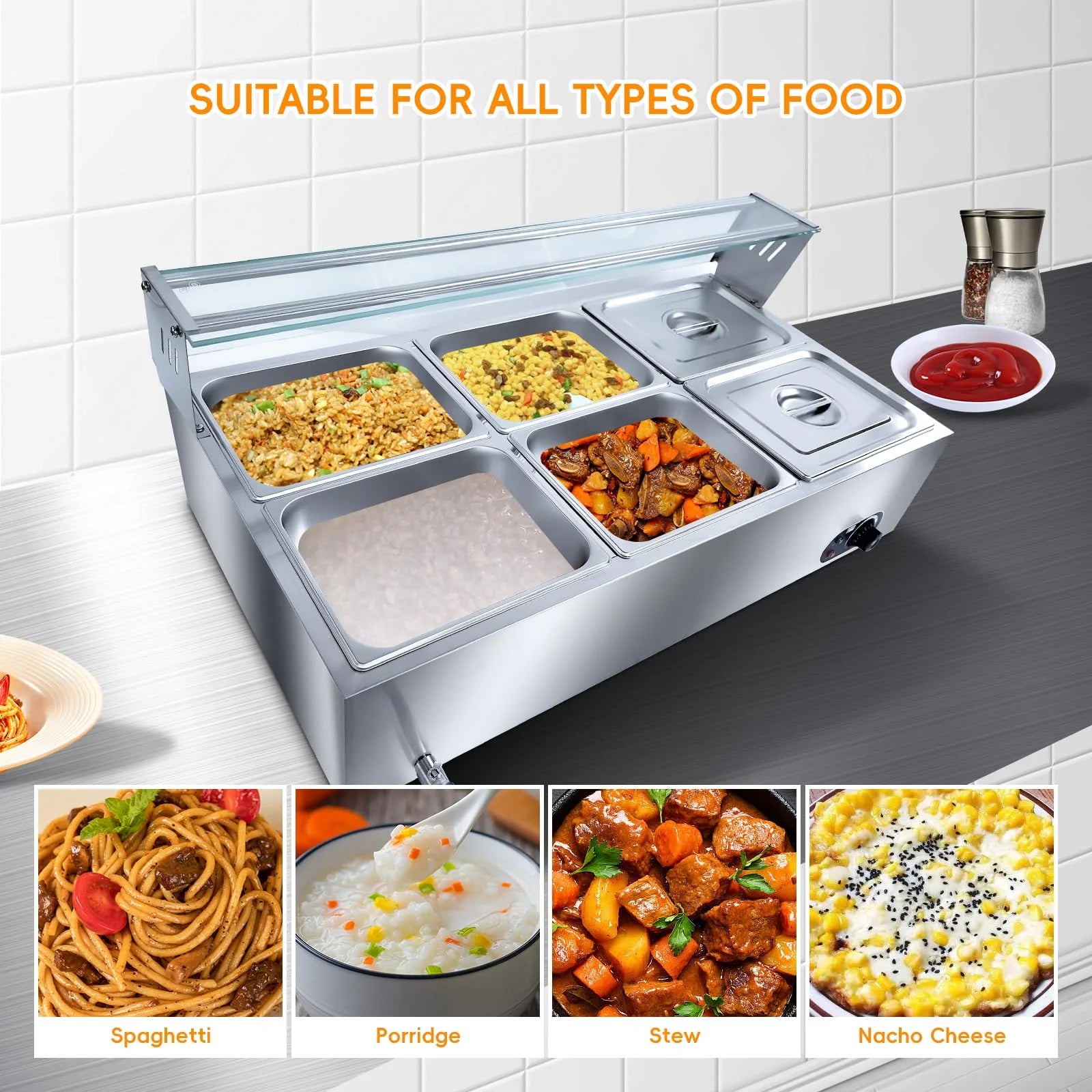 2026 Nuevo calentador de alimentos comercial de 6 bandejas 6×12QT mesa de vapor eléctrica con cubierta de vidrio templado equipo tipo baño maría de acero inoxidable para encimera control de temperatura 86 a 185 grados para catering y restaurantes