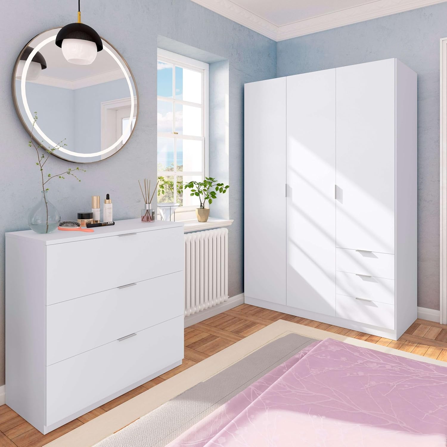 2026 Habitdesign Three Door and Three Drawer Wardrobe Closet, Artic White Finish, Measurements: 121 cm (W) x 180 cm (H) x 52 cm (D)