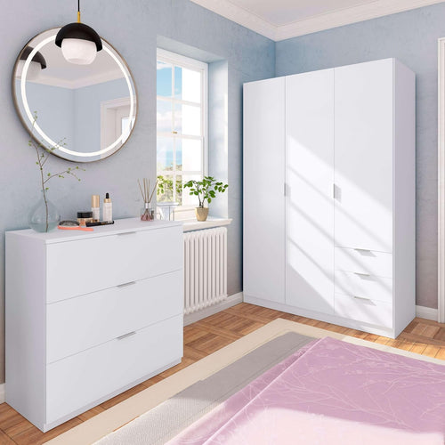 2026 Habitdesign Three Door and Three Drawer Wardrobe Closet, Artic White Finish, Measurements: 121 cm (W) x 180 cm (H) x 52 cm (D)