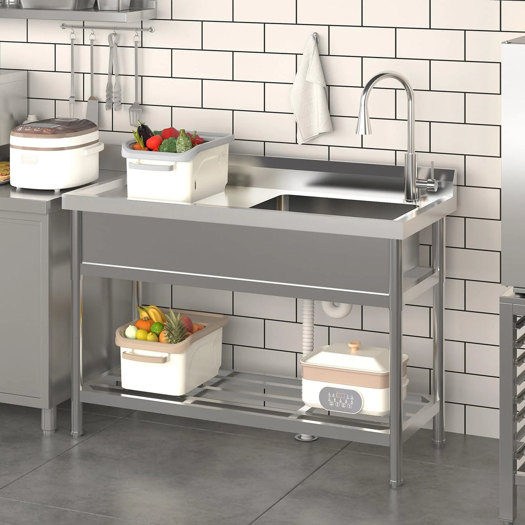 2026 Nuevo fregadero utilitario de acero inoxidable 47”ancho x 20”fondo x 37”alto independiente de un seno con grifo de agua fría y caliente para cocina lavandería restaurante garaje o jardín