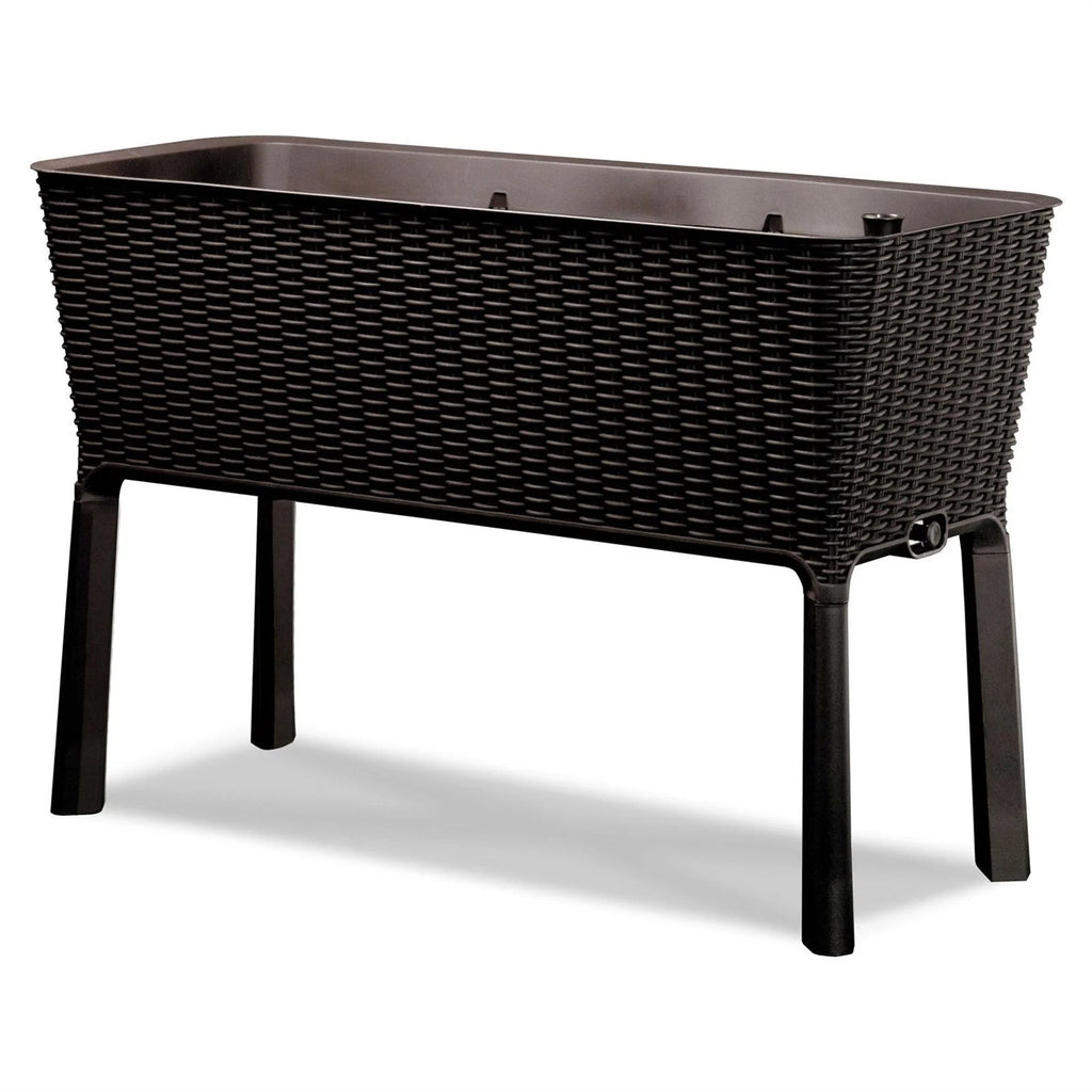 2026 Nuevo Modern Dark Brown Resin Wicker Raised Garden Bed Planter con indicador de agua