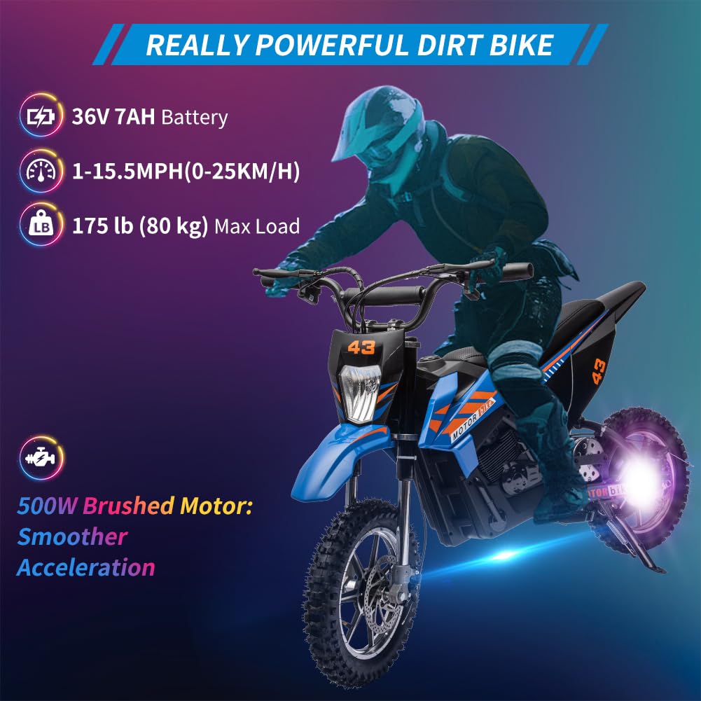 2026 Nuevo moto eléctrica de cross para niños 36V 350W 15.5 mph LED capacidad máxima 175 lb color azul