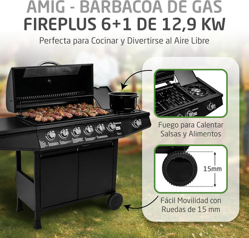 2026 Barbacoa de gas Fireplus 6+1 de 12,9 kW - Acero inoxidable Negro - Parrilla con ruedas Modelo GRILL-6F - Barbacoa XXL con carro y termómetro - 138x52x103 cm - 7 quemadores y Bandeja lateral