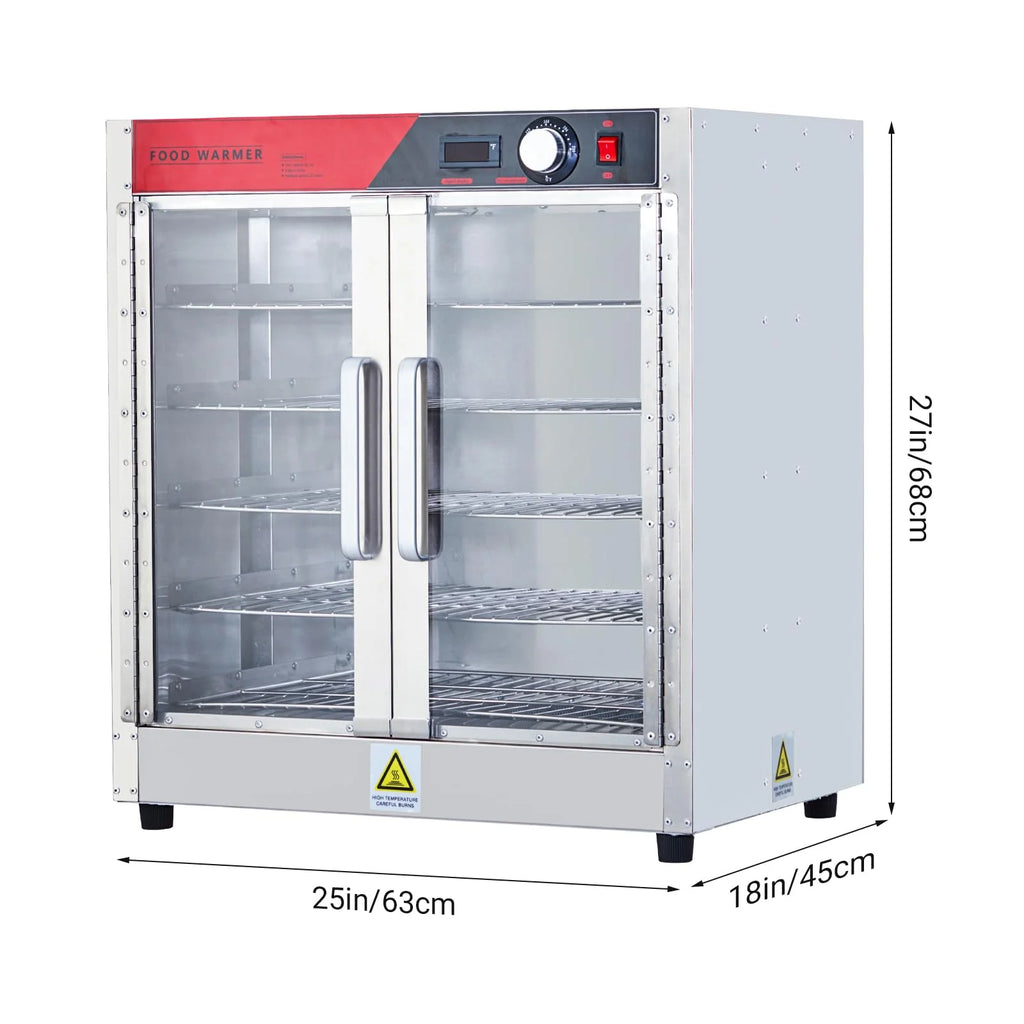 2026 Nuevo gabinete calentador de alimentos tipo hot box multifuncional de acero inoxidable con aislamiento térmico potencia 850W bandeja de agua puertas dobles transparentes diseño de 5 niveles