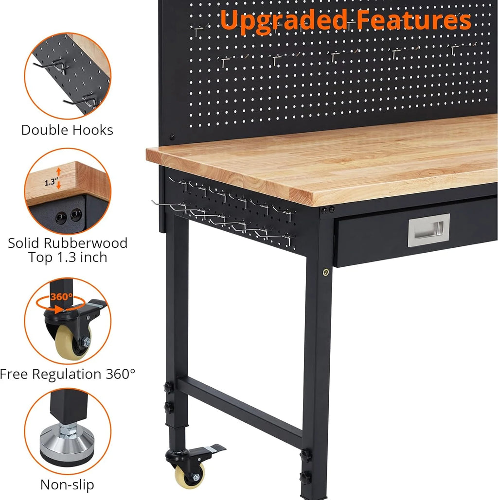2026 Nuevo banco de trabajo para garaje 48 x 24 pulgadas mesa de trabajo resistente con cajón panel trasero capacidad 2000 lb madera de caucho con enchufes y ganchos