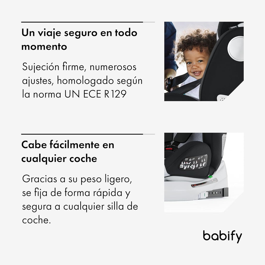 2026 Babify Onboard Silla de Coche Isofix para Bebés y Niños, 0 Meses - 12 Años, Apta Desde 40-150 cm, Ajustable 360º, Asiento Portátil y Seguro i-Size ECE R129 - Black edition