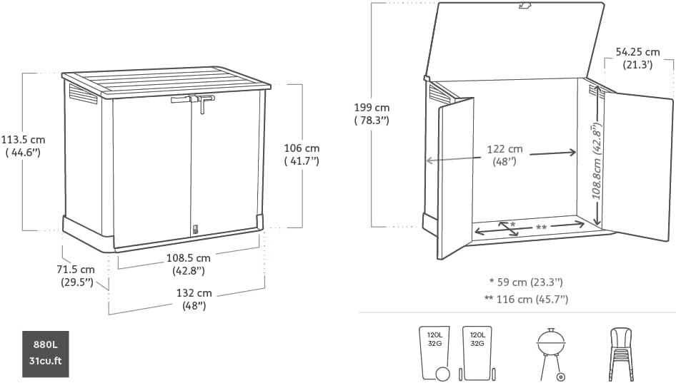 2026 Keter Sio Nova -Cobertizo de jardín Exterior, Capacidad 880L, Color Gris, 132 x 71,5 x 113,5 cm