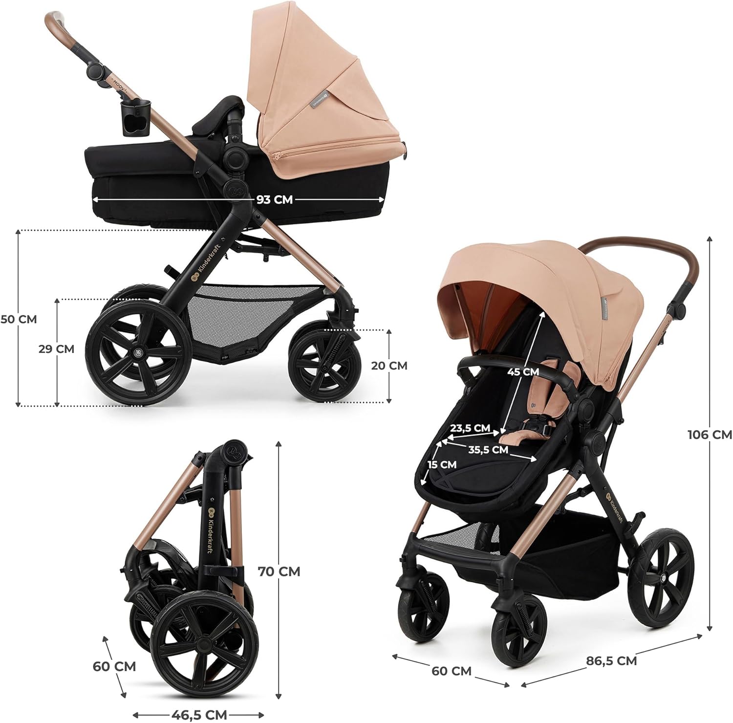 2026 Kinderkraft MOOV2 Silla de Coche 3 en 1, EVA, Mink PRO I-Size, Sistema de Viaje, Cochecito para Bebé, Silla de Paseo, Plegable, para Recién Nacido, Desde el Nacimiento hasta los 3 Años, Gris