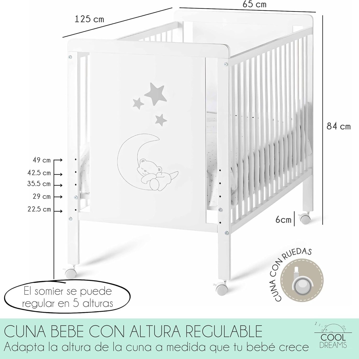 2026 Cuna Colecho de Bebe, Kit para Unir la Cuna con la Cama, Colchón HR Morfeo Certificado Oeko-Tex® y CertiPUR, 4 Ruedas, Sábana Bajera y Encimera de Algodón Natural. Indi CoolDreams CoolDreams
