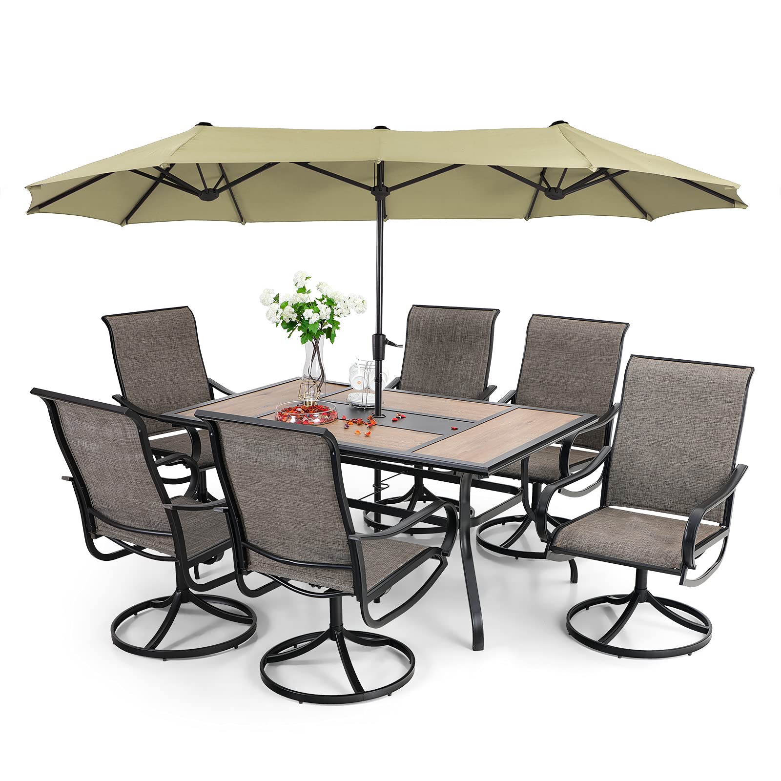 2026 Nuevo conjunto de comedor de patio de 8 piezas con sombrilla, muebles de exterior con 6 sillas giratorias tipo sling