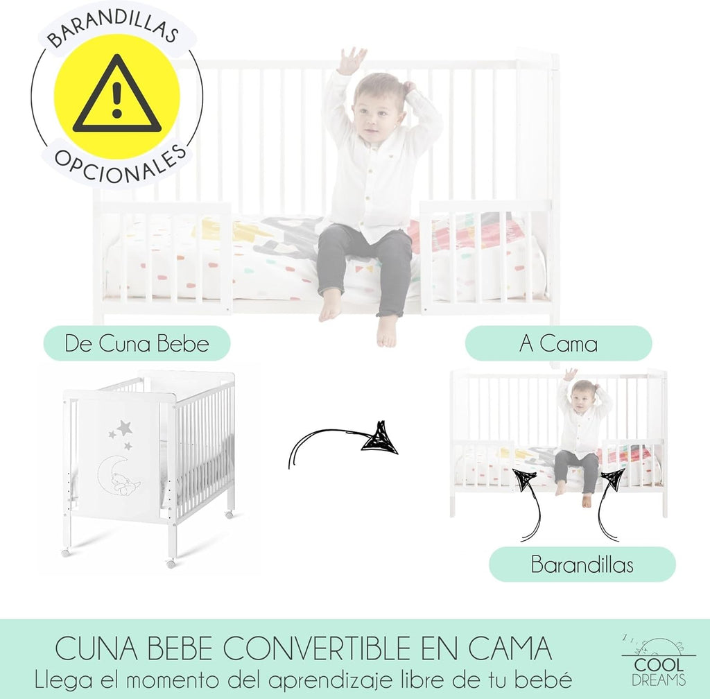 2026 Cuna Colecho de Bebe, Kit para Unir la Cuna con la Cama, Colchón HR Morfeo Certificado Oeko-Tex® y CertiPUR, 4 Ruedas, Sábana Bajera y Encimera de Algodón Natural. Indi CoolDreams CoolDreams