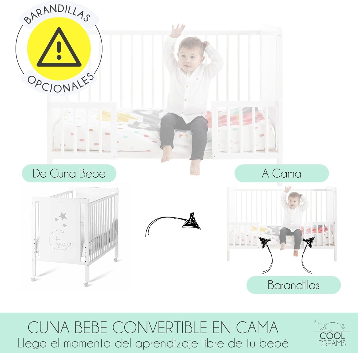 2026 Cuna Colecho de Bebe, Kit para Unir la Cuna con la Cama, Colchón HR Morfeo Certificado Oeko-Tex® y CertiPUR, 4 Ruedas, Sábana Bajera y Encimera de Algodón Natural. Indi CoolDreams CoolDreams