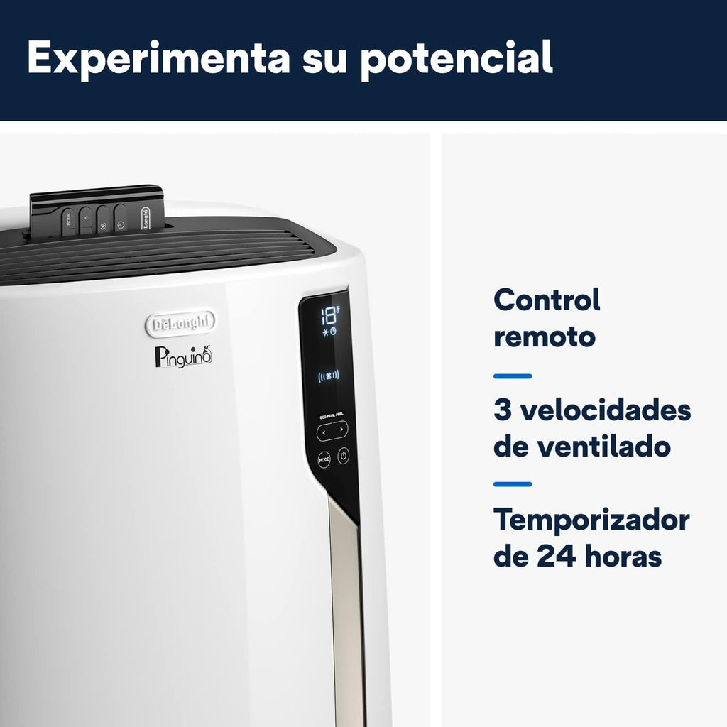 2026 Pingüino PACEL98 ECO Silent Aire Acondicionado Portátil Silencioso con Tecnología Eco Real Feel, Interfaz Digital, Función Deshumidificadora, 2.7 kW, 64 dB, Plástico, Blanco, Clasa A, 100m3