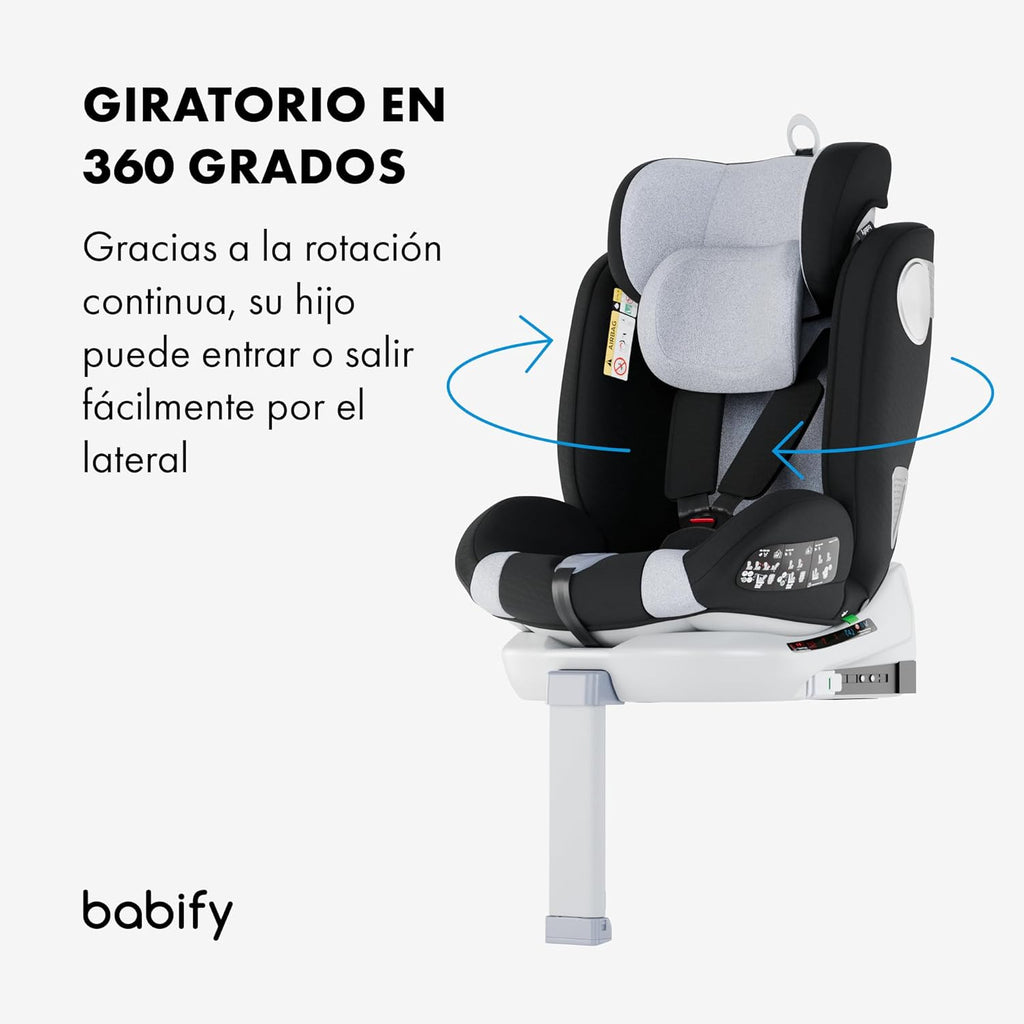 2026 Babify Onboard Silla de Coche Isofix para Bebés y Niños, 0 Meses - 12 Años, Apta Desde 40-150 cm, Ajustable 360º, Asiento Portátil y Seguro i-Size ECE R129 - Black edition
