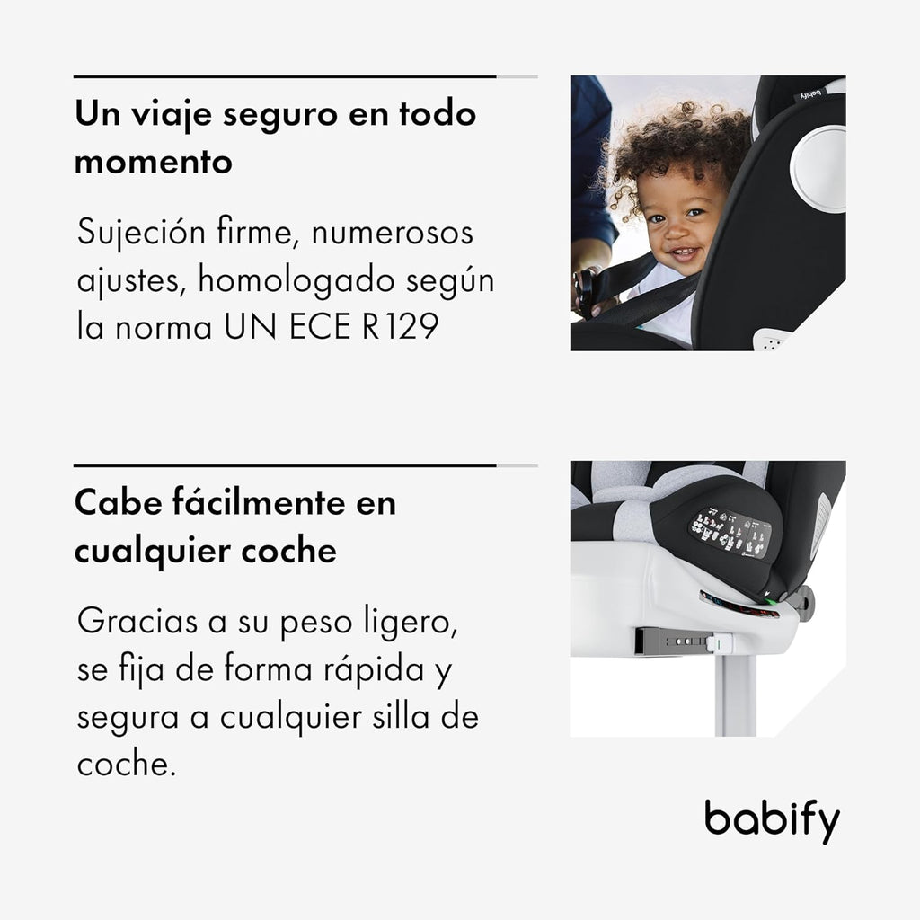 2026 Babify Onboard Silla de Coche Isofix para Bebés y Niños, 0 Meses - 12 Años, Apta Desde 40-150 cm, Ajustable 360º, Asiento Portátil y Seguro i-Size ECE R129 - Black edition