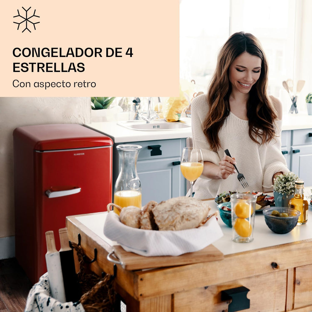 2026 Klarstein Laika - Congelador, Termostato con 5 niveles, Temperaturas de 0 a -18 °C, 3 cajones extraíbles, CEE E, Capacidad de 60 L, Rojo