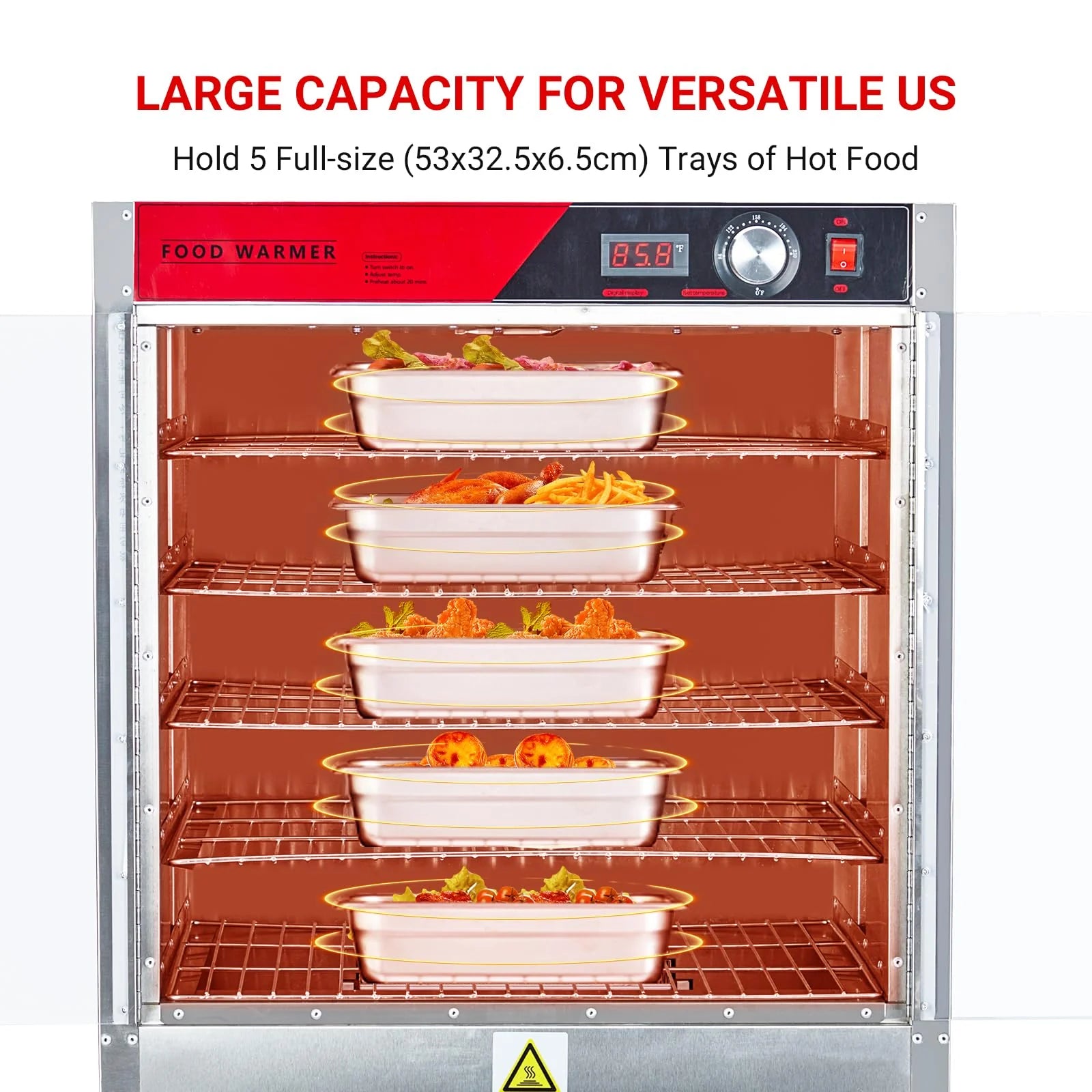 2026 Nuevo gabinete calentador de alimentos tipo hot box multifuncional de acero inoxidable con aislamiento térmico potencia 850W bandeja de agua puertas dobles transparentes diseño de 5 niveles