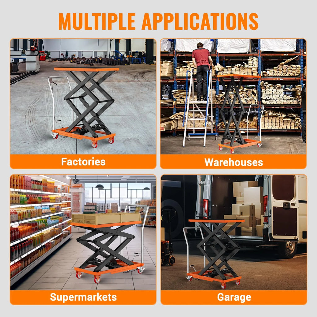 2026 Nuevo carrito de mesa elevador hidráulico de doble tijera capacidad 770 lb altura de elevación 14–59 pulgadas con superficie antideslizante para manejo de materiales color naranja