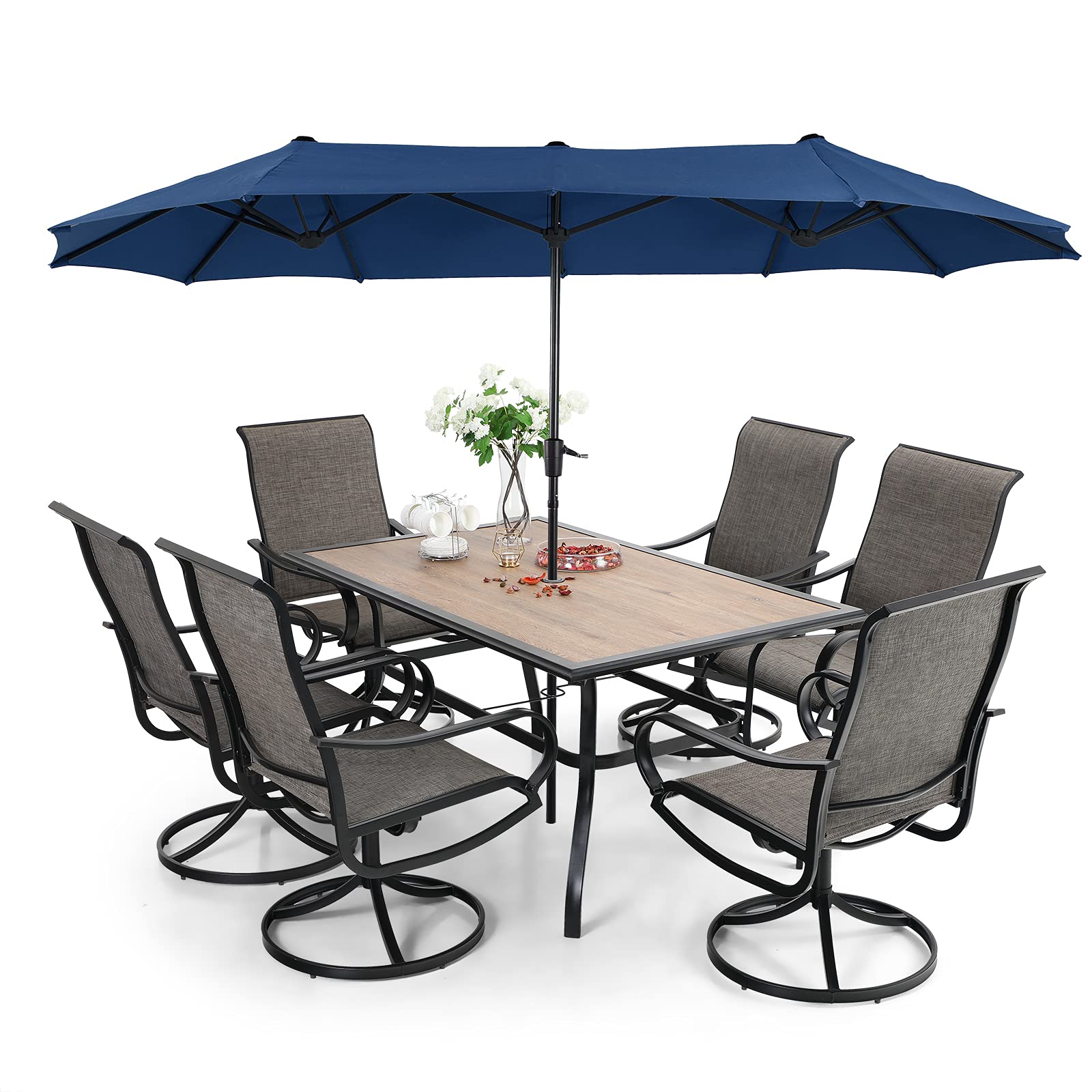 2026 Nuevo conjunto de comedor de patio de 8 piezas con sombrilla, muebles de exterior con 6 sillas giratorias tipo sling