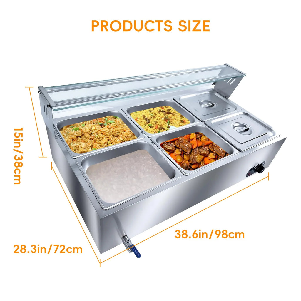 2026 Nuevo calentador de alimentos comercial de 6 bandejas 6×12QT mesa de vapor eléctrica con cubierta de vidrio templado equipo tipo baño maría de acero inoxidable para encimera control de temperatura 86 a 185 grados para catering y restaurantes
