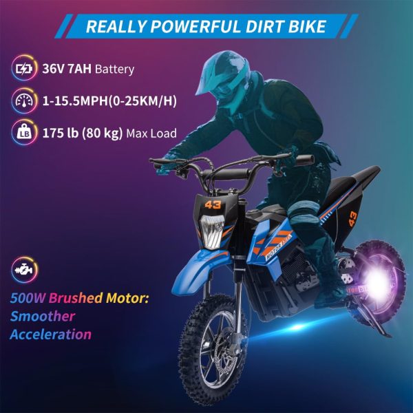 2026 Nuevo moto eléctrica de cross para niños 36V 350W 15.5 mph LED capacidad máxima 175 lb color azul