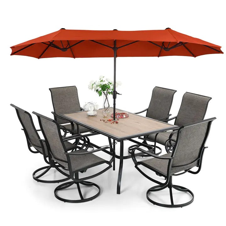2026 Nuevo conjunto de comedor de patio de 8 piezas con sombrilla, muebles de exterior con 6 sillas giratorias tipo sling