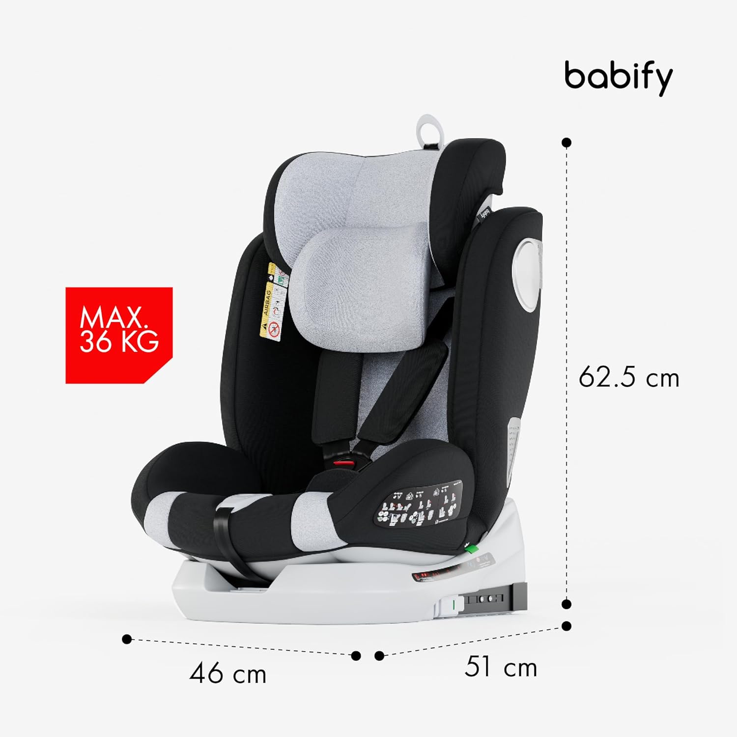 2026 Babify Onboard Silla de Coche Isofix para Bebés y Niños, 0 Meses - 12 Años, Apta Desde 40-150 cm, Ajustable 360º, Asiento Portátil y Seguro i-Size ECE R129 - Black edition