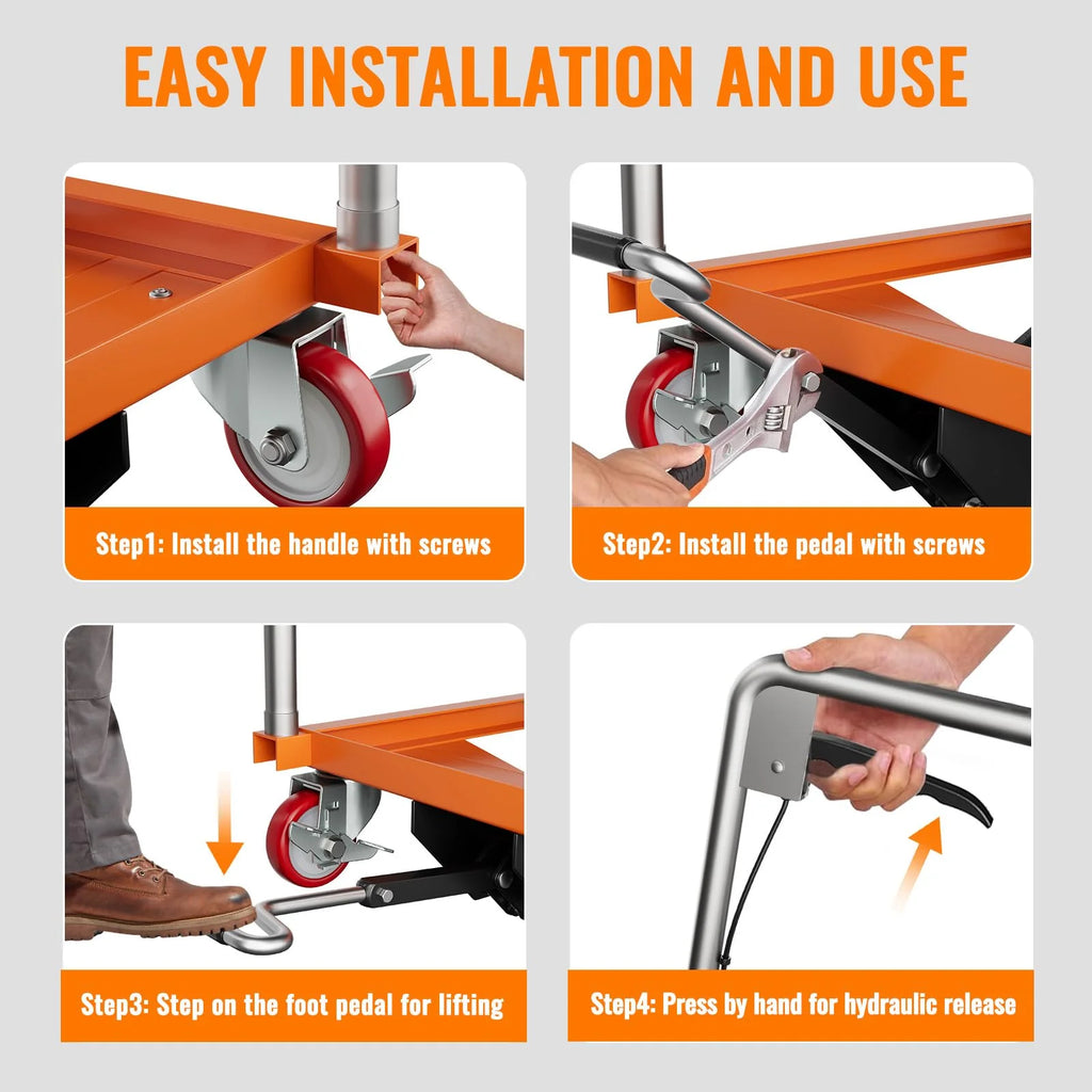 2026 Nuevo carrito de mesa elevador hidráulico de doble tijera capacidad 770 lb altura de elevación 14–59 pulgadas con superficie antideslizante para manejo de materiales color naranja
